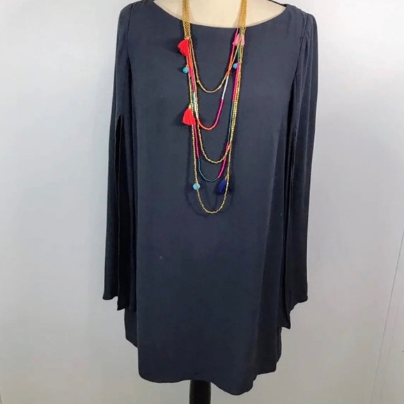 FREE PEOPLE Navy Blue Shift Cape Dress Split Long Sleeve Sz Sm EUC - Picture 3 of 11
